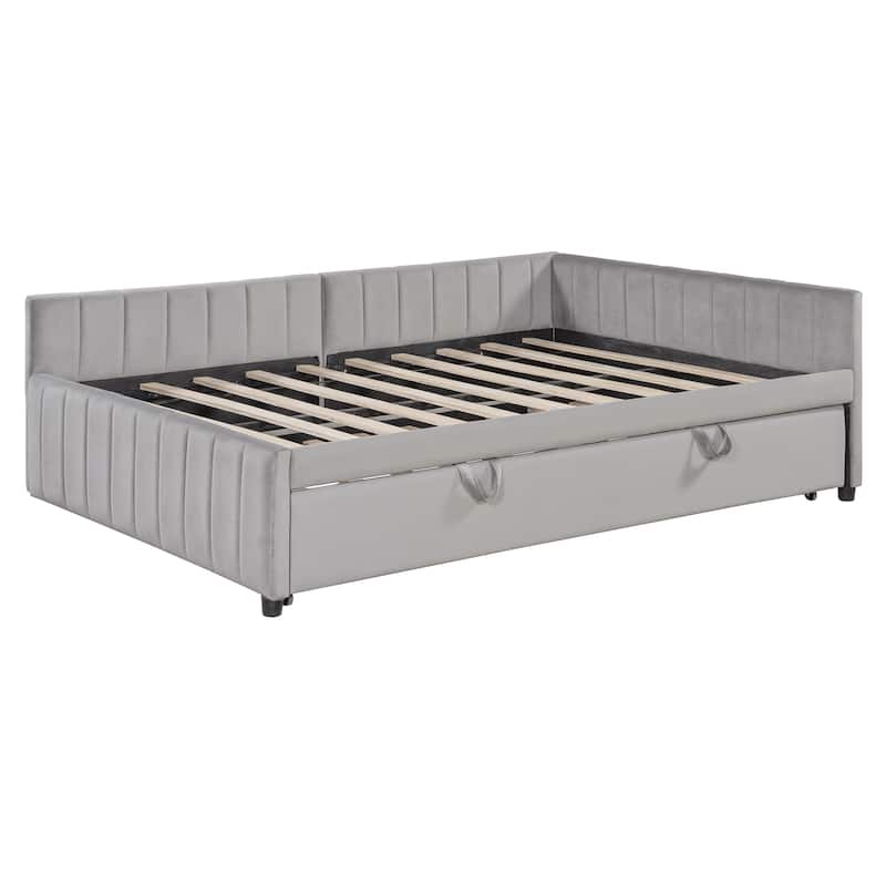 Full Size Daybed with Pull-Out Lift-Up Trundle, Upholstered Daybed Platform Bed with Stripes L-Shaped Backrest and Wood Slats