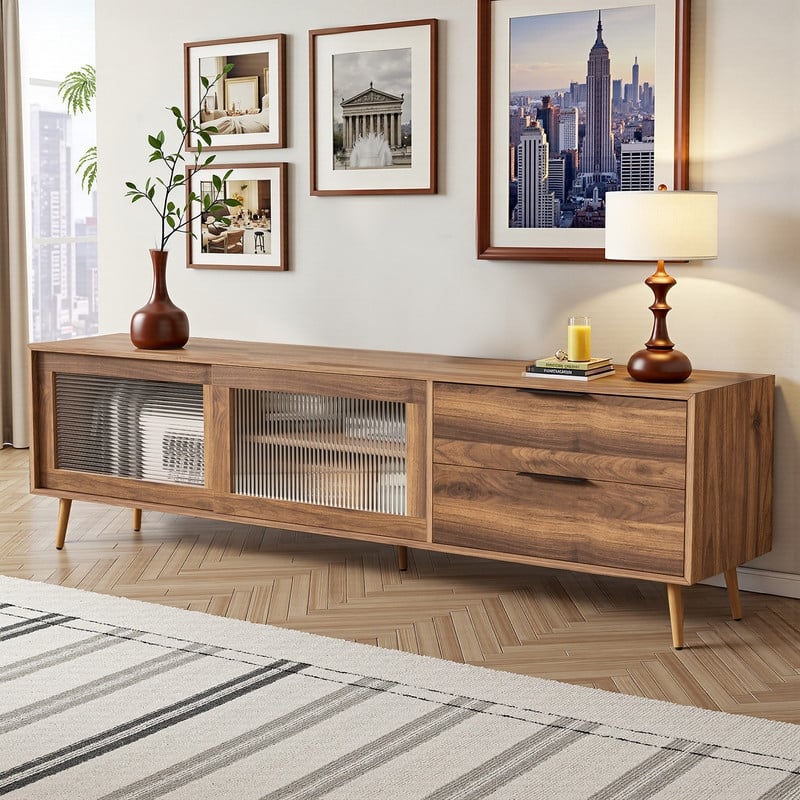 Modern TV Stand for TVs Up to 75", Media Console with Glass Doors, Drawers & Storage Cabinet