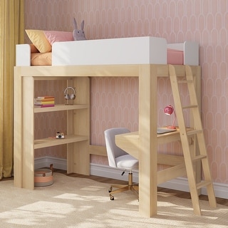 Max and Lily Mid-Century Modern Twin Loft Bed with Desk and Bookshelf