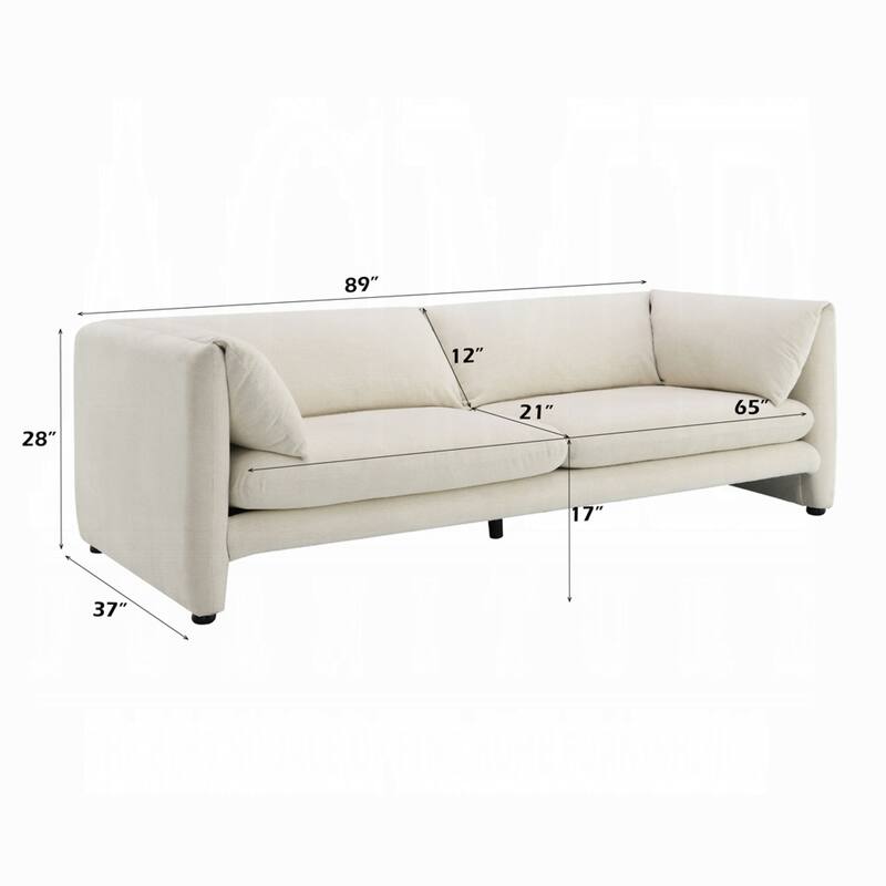 Kami Sofa, Slim Minimalist Pillow Armrests, Modern Ivory Linen 89 Inch