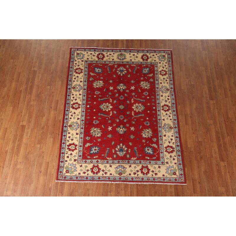 Red Kazak Area Rug Hand-Knotted Floral Wool Carpet - 5'9" x 7'8"