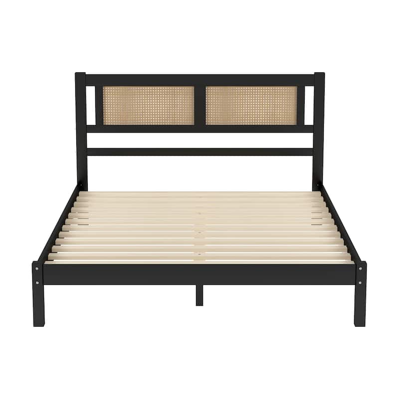 Natural Hollow Rattan Headboard Bed Frame, Wood Platform Bed, Wooden Slat Support Panel Bed for Bedroom