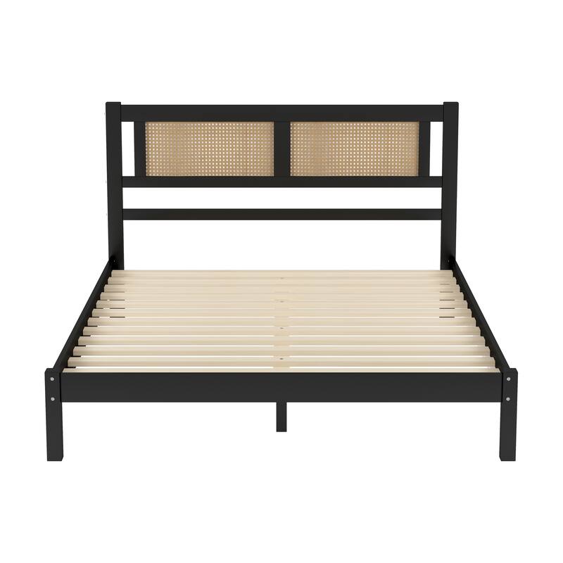 Natural Rattan Headboard Platform Bed - Queen/Full Size, Modern Minimalist Design, No Box Spring Required