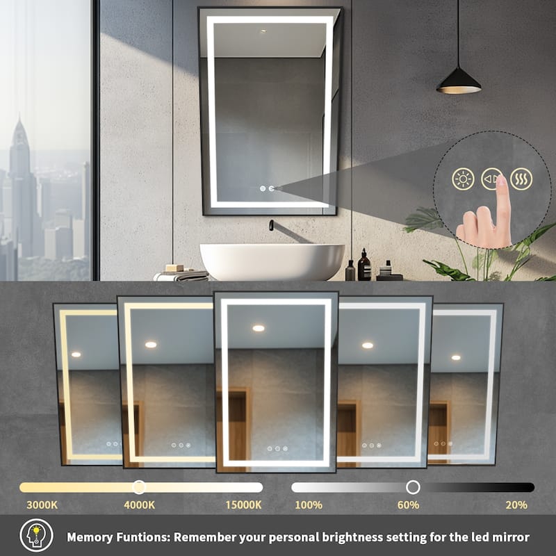 Dimming Front-lit Black Frame Bathroom Vanity Mirror Fixed Tilt Design for Disabled - 23.62x35.43''