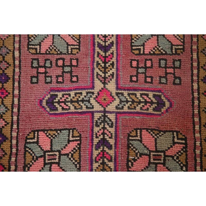 Ardebil Persian Vintage Runner Rug Handmade Geometric Wool Carpet - 3'8" x 10'6"