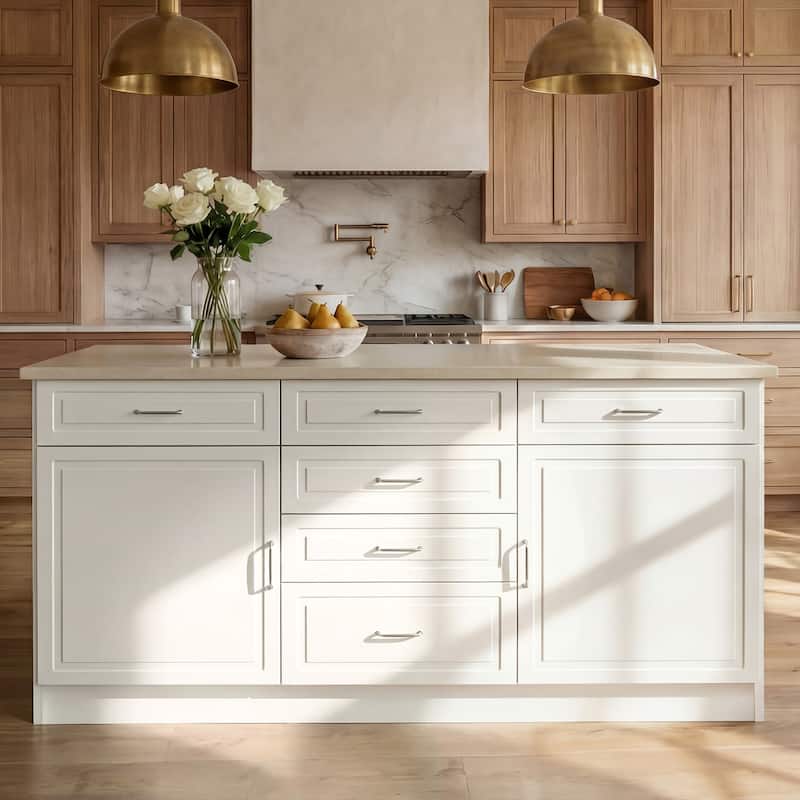 78.7" Kitchen Island with Faux Stone Top & Power Outlet Storage Cabinet with Drawers & Doors, Farmhouse White Kitchen Island