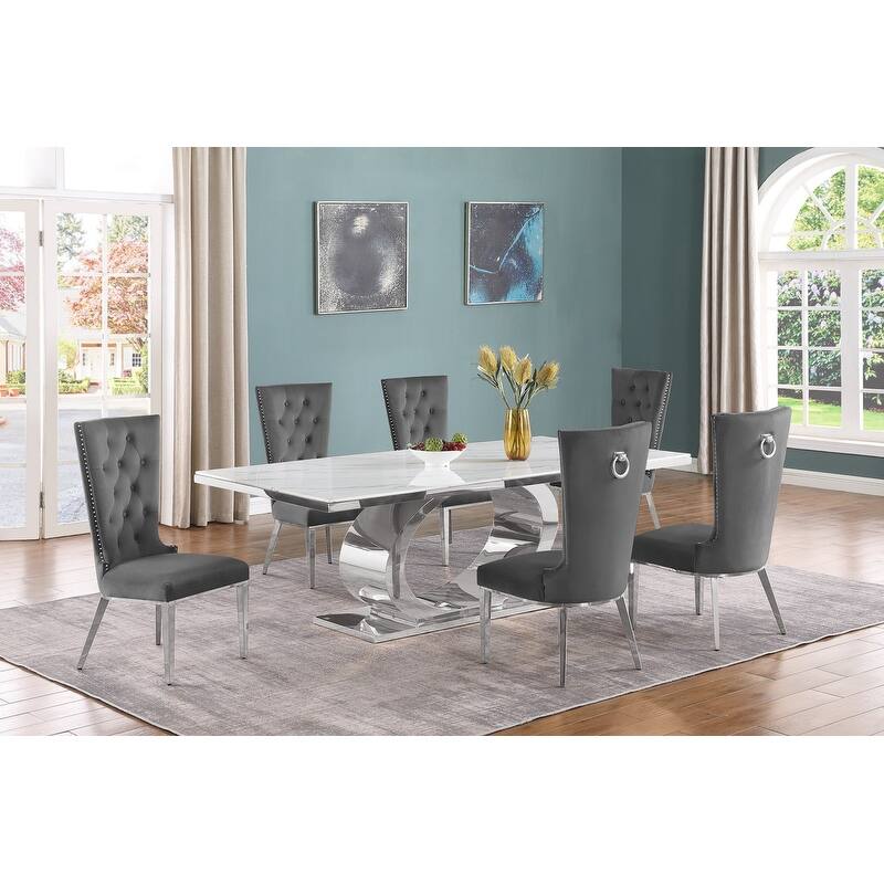 Best Quality Furniture D432/3-SC330-7 Dining Set with 87" White Marble Top - Dark Grey / Silver - 7-Piece