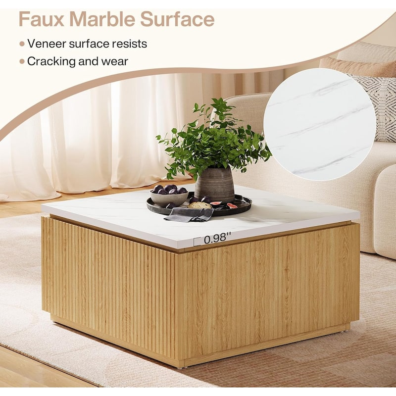 31.5" Square Coffee Table, Modern Faux Marble Top with Wood Accents
