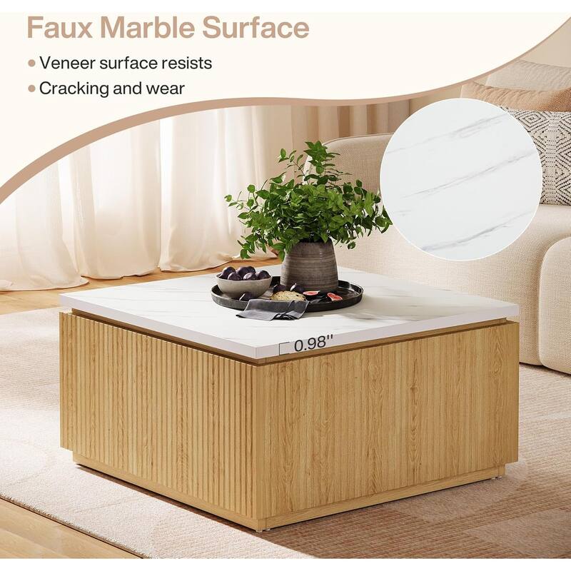 31.5" Square Modern Coffee Table Center Cocktail Table with Marble Top - 31.5" W x 31.5" D x 17.7" H