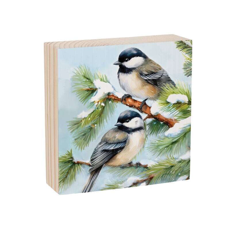 Holiday Chickadees Sign Wood Block - 6" x 6" - Multicolor