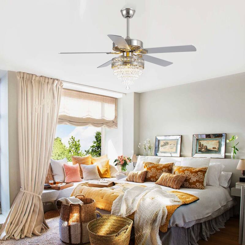 52 Inches Crystal Ceiling Fan Light,Chandelier,APP and Remote Control,5 Dual Side Plywood Blades,Reversible AC Motor - 52 Inches