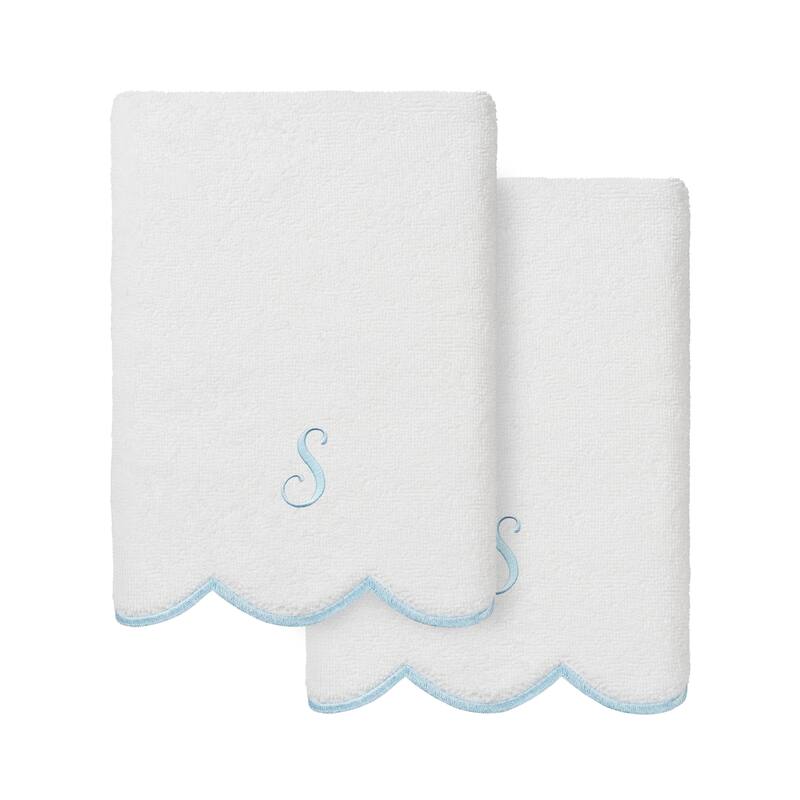 Authentic Hotel and Spa 100% Turkish Cotton Blue ADORNIA Scallop Personalized 2 Piece Hand Towel Set - 2 Hand Towels - S
