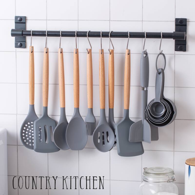 Country Kitchen Non Stick Silicone Utensil Set with Rounded Wood Handles for Cooking and Baking, 38 Piece Set