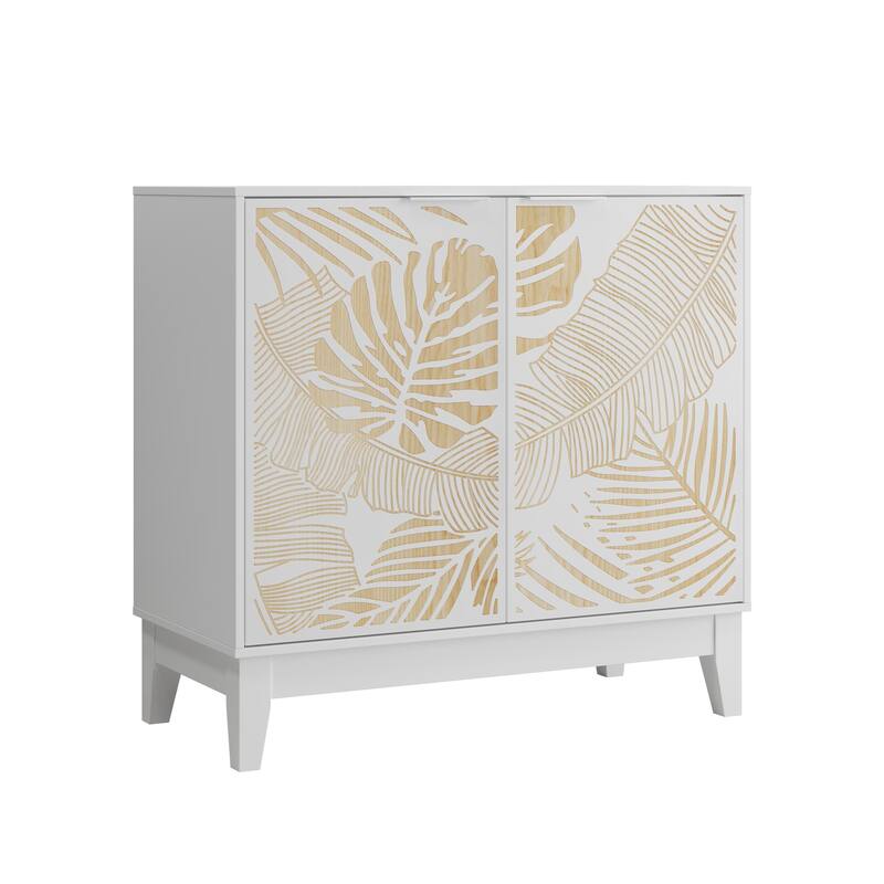 Roomfitters Coastal Storage Cabinet with Tropical Leaf Pattern Doors, Sideboard Buffet Organizer with Wood Accents, White