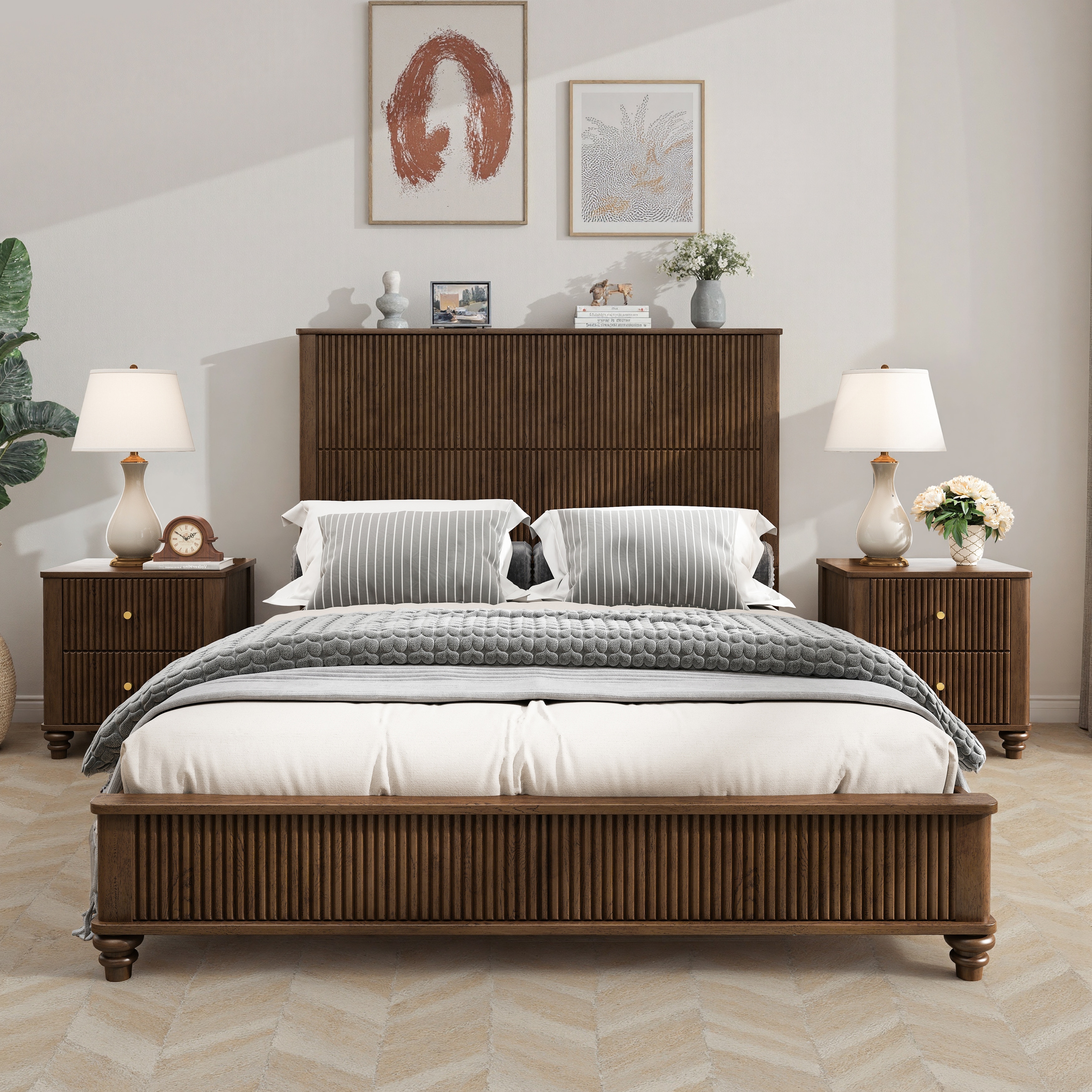 Solid Wood Queen Bed Frame with Tall Headboard No Box Spring Needed