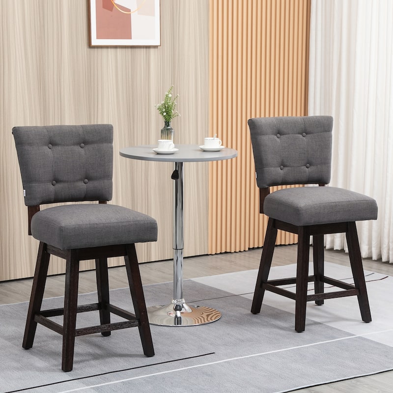 HOMCOM Swivel Bar Stools Set of 2, Fabric Tufted Counter Height Bar Stools with Rubber Wood Legs and Footrest for Dining Room