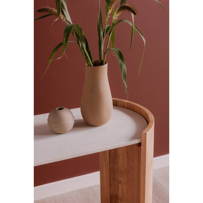 NADAAL STUDIOS Crest Console Table, Banswara White Marble Top, Oak Veneer Base, Natural Finish