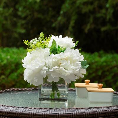 Mixed Silk Peony Flower in Cube Glass Vase With Faux Water for Home Office Wedding Decoration - White