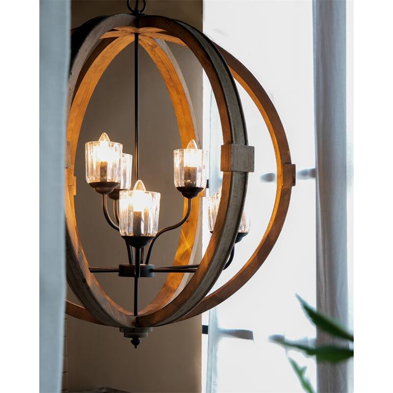 9- Light Globe Wood Chandelier with Adjustable Chain (No Bulb) - N/A