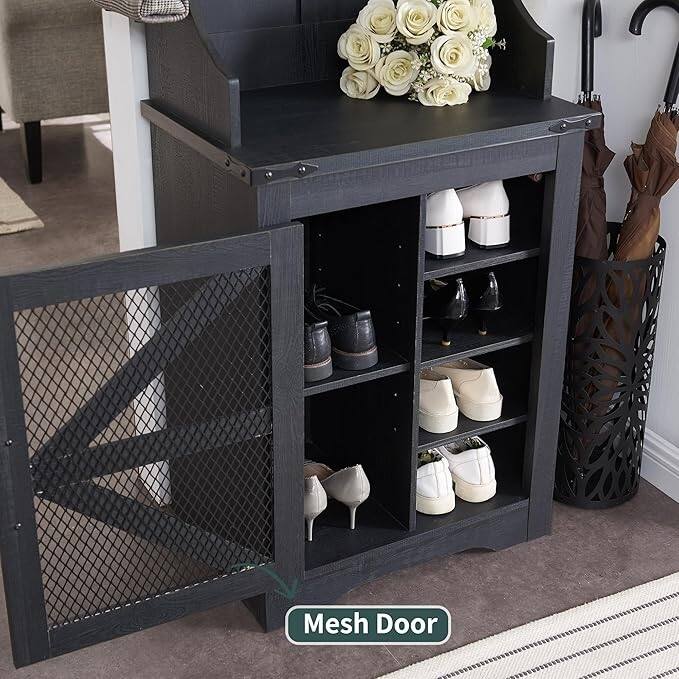 23" Wide Farmhouse Entryway Bench with Coat Rack, Hall Tree Cabinet