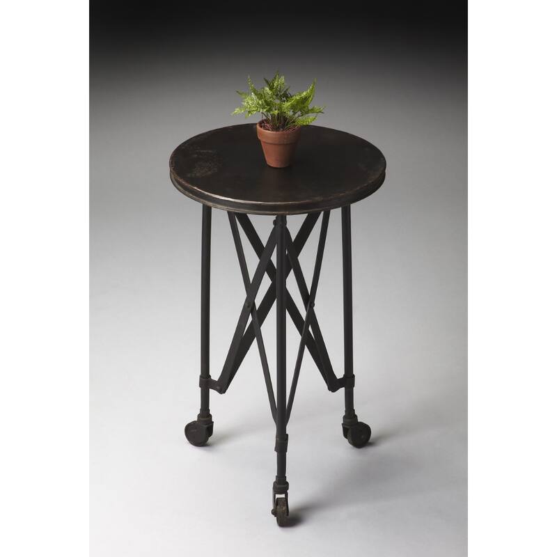 Modern Industrial Black Rolling Round End Table 23'' Distressed Iron Top 3-Leg Base Wheels Included - 14.25" x 14.25" x 23"