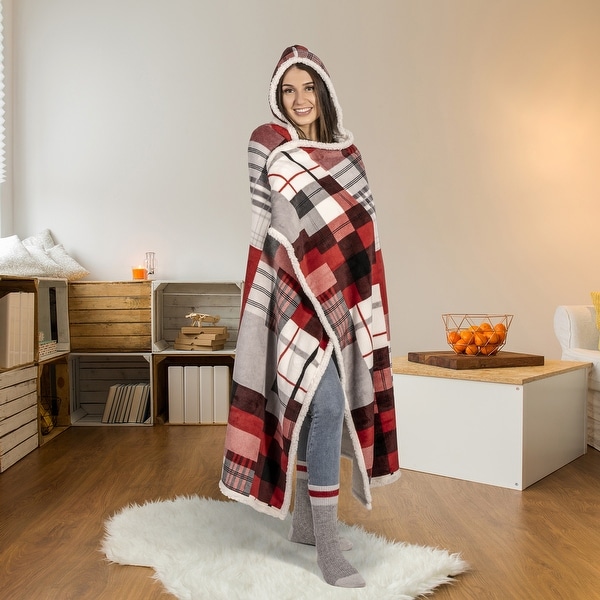 Premium Hooded Blanket for Adults 65in x 48in Plaid Patchwork