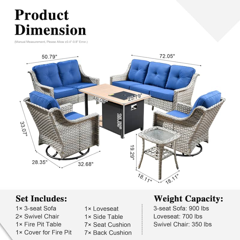 XIZZI 6-piece Outdoor High-back Furniture Swivel Chair Set with Fire Pit