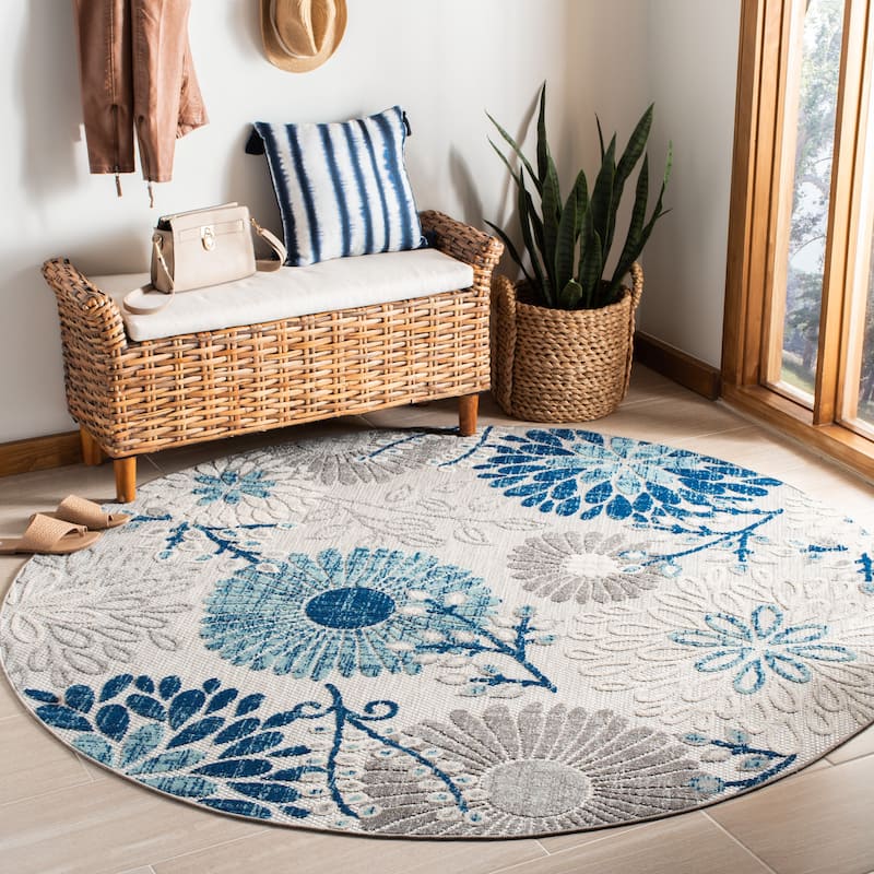 SAFAVIEH Cabana Lilah Indoor/ Outdoor Waterproof Patio Floral Rug - 8' Round - Grey/Blue