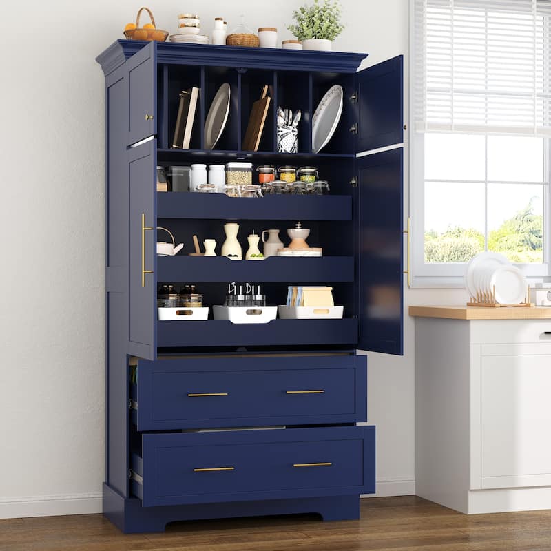 Farmhouse Kitchen Pantry, 40"W - 4-Door Freestanding Cabinet with Pull-Out Trays, Drawers & Pan Storag - Blue