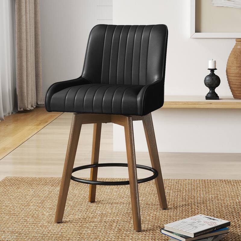 26" Upholstered Counter Height Swivel Bar Stool with Solid Wood Legs - 38.8"H x 20.5"W x 21.7"D - Set of 2 - Black
