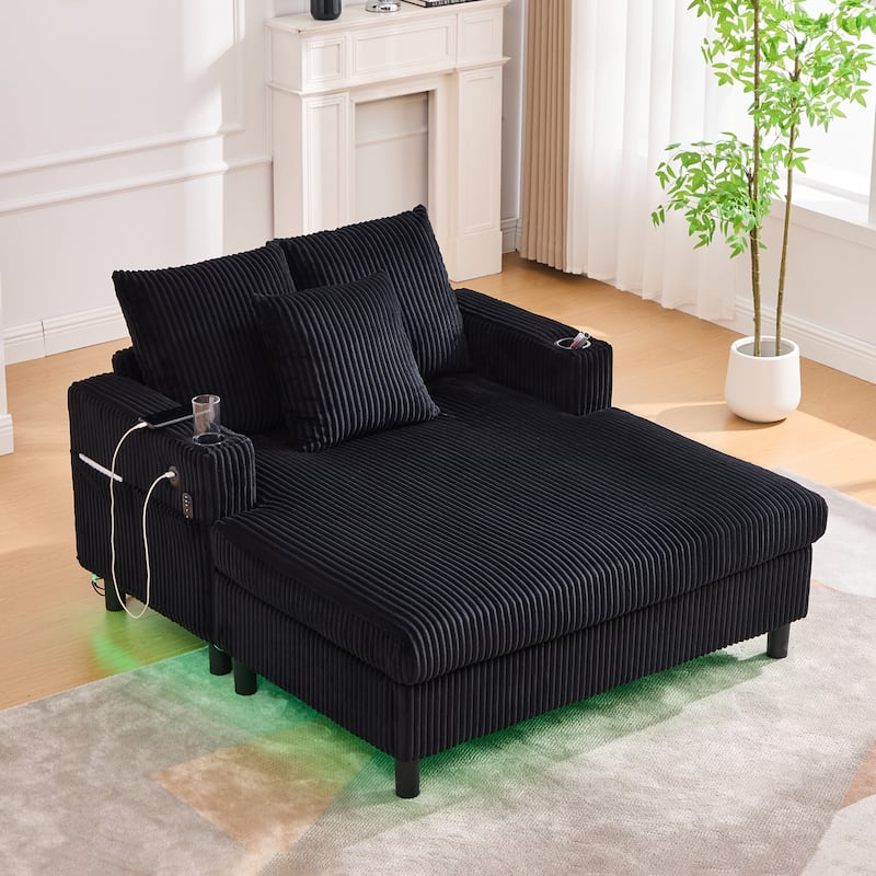 Corduroy Recliner Sofa - Oversized Deep Seat with USB, RGB Lights, Cup Holder & Side Pocket - Living Room, Bedroom - Black