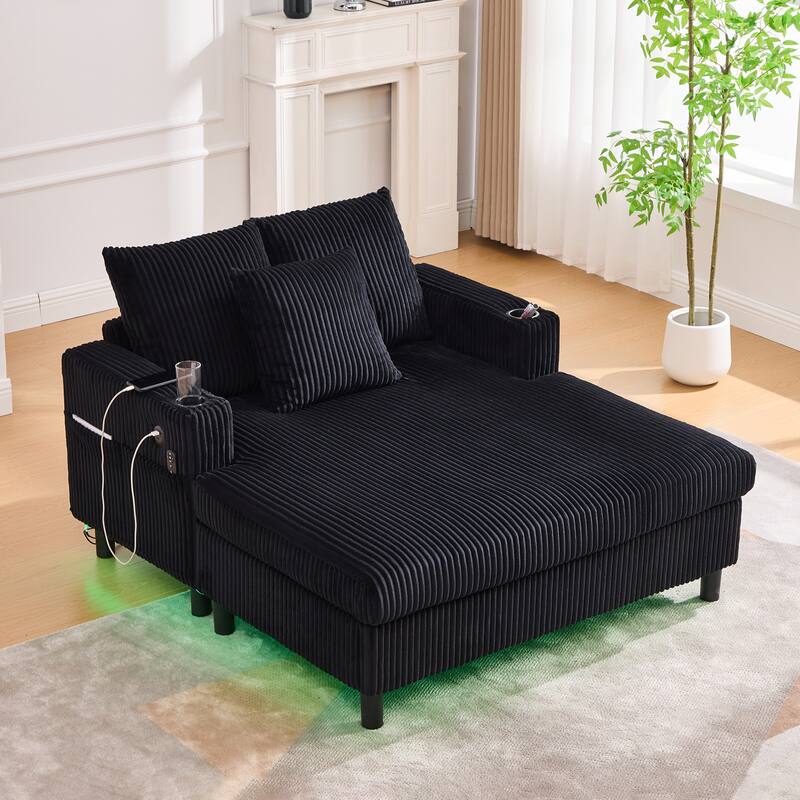 HOMEFUN Corduroy Upholstered Oversized RGB LED Light Recliner Sofa Bed with Cup Holder,USB&3 Pillows - Black