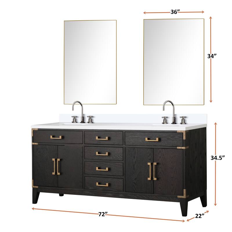 Laurel 60 in W x 22 in D Black Oak Double Bath Vanity, White Quartz Top, Faucet Set, and 28 in Mirrors