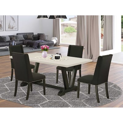 HomeStock 5-Piece Rectangle Natural Oak Finish Solid Wood Top Dining Table with 4 Upholstered Chairs with Lattice Back