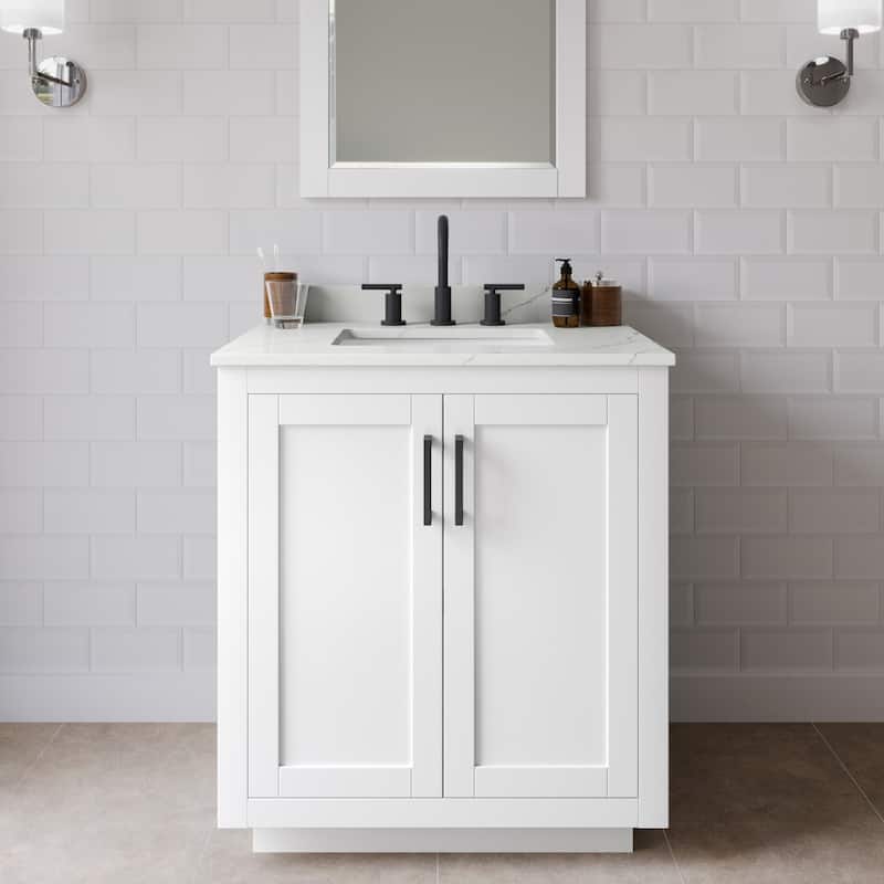 Wyndham Collection WCF292930S-QTZ-US3MXX Miranda 30" Free Standing - White / Giotto Quartz Top / Matte Black Hardware