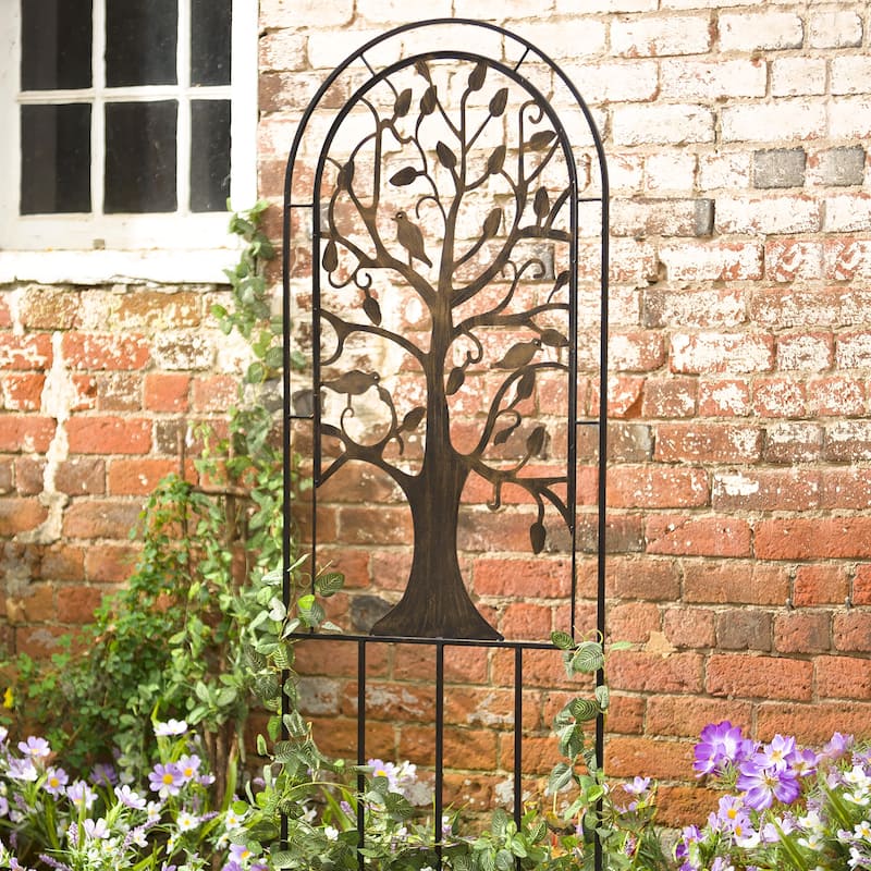 Metal Arched Garden Trellis with Tree of Life Design - Antique Copper