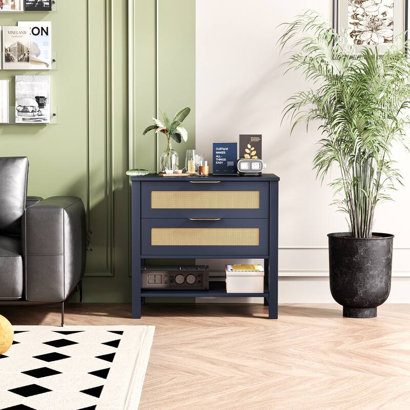 Rattan Nightstand with 2 Drawers and Storage Shelf Boho Bedside Narrow Side Table for Bedroom