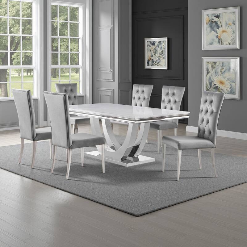 Kery 7pc Dining Table Set, Modern Gray Faux Marble Top, 6 Side Chairs