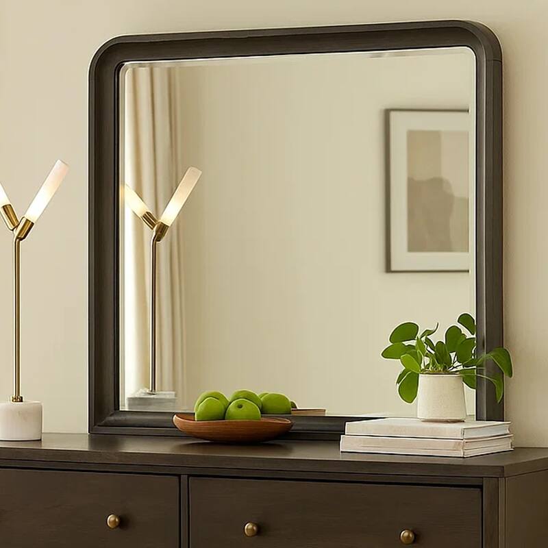 Osko 42 Inch Dresser Mirror, Rounded Edges, Black Poplar Wood