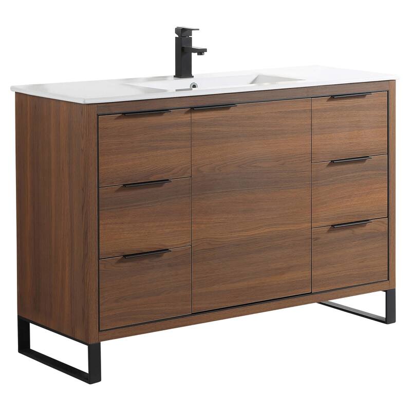 Fine Fixtures Opulence Collection Bathroom Vanity with White Ceramic Sink - 48 Inch - Walnut Ebony - Black Hardware