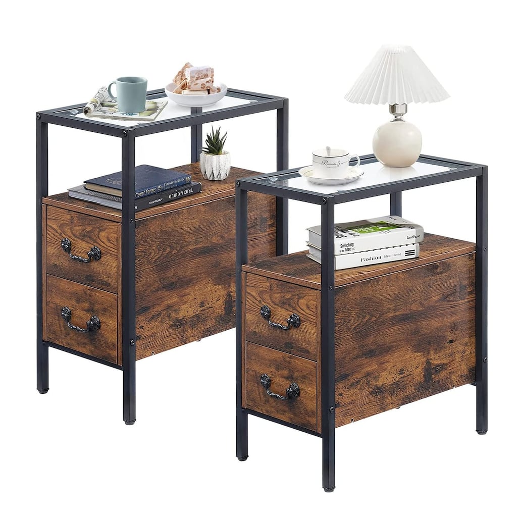 Industrial Tempered Glass Narrow Nightstands /End Side Tables with 2 Drawers(Set of 2)