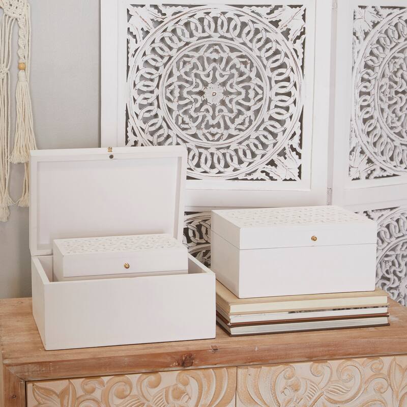 Wood Intricate Carved Box with Hinged Lid (Set of 3) - S/3 12, 10, 9"W