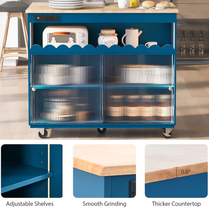 LED Light Kitchen Island on Wheels with Drop Leaf and Power Outlets