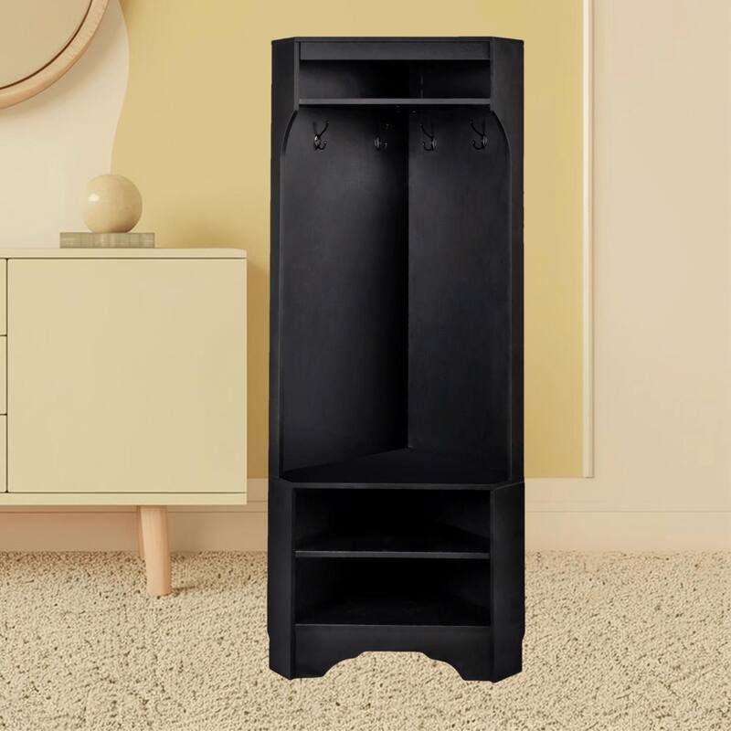 Space-Saving Corner Coat Rack with Shoes Storage Rack, Adjustable Shelf, and 4 Hooks for Hallway Entryway or Porch Organizer - Black