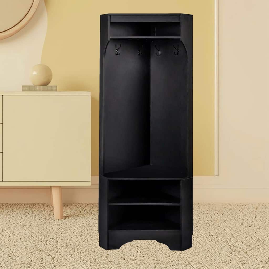 Space-Saving Corner Coat Rack with Shoes Storage Rack, Adjustable Shelf, and 4 Hooks for Hallway Entryway or Porch Organizer
