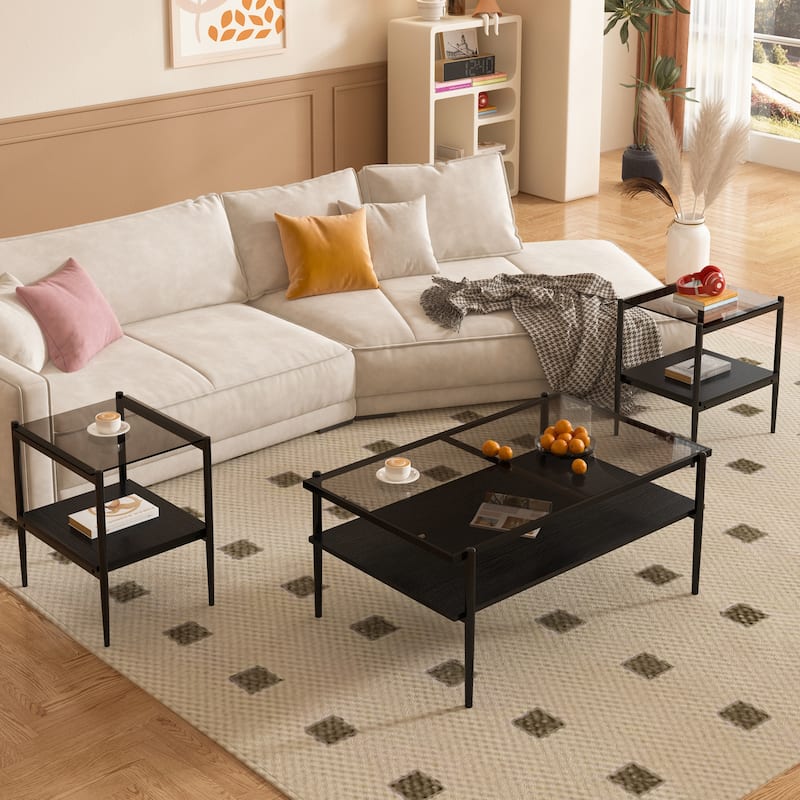 Coffee Table and End tables Set of 3, Tempered Glass Table with MDF layer, Modern Tables for Living Room , Gray Glass - Gray