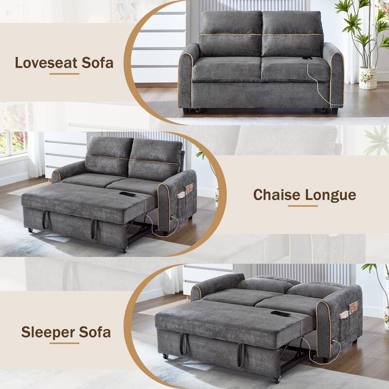 GDFStudio - 58" Chenille Convertible Sleeper Sofa with USB