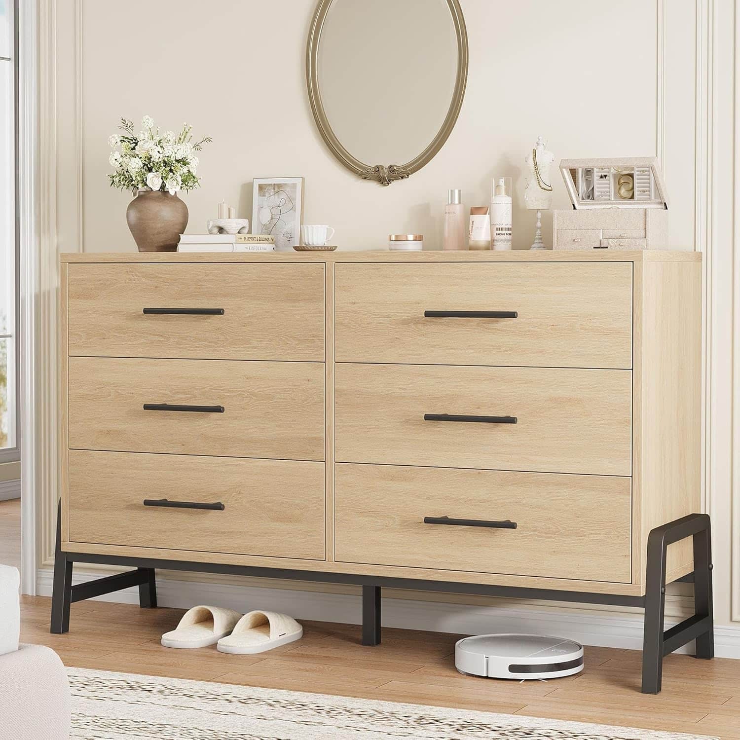 52" Wide 6-Drawer Closet Dresser, Freestanding Wooden Storage Cabinet for Bedroom & Living Room