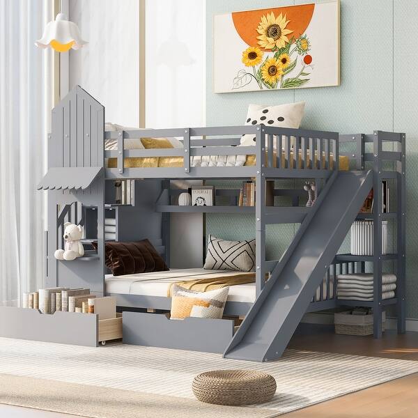 slide 2 of 18, Full-Over-Full Castle Style Bunk Bed Kids Bed with 2 Drawers 3 Shelves and Slide,Superior Quality Grey