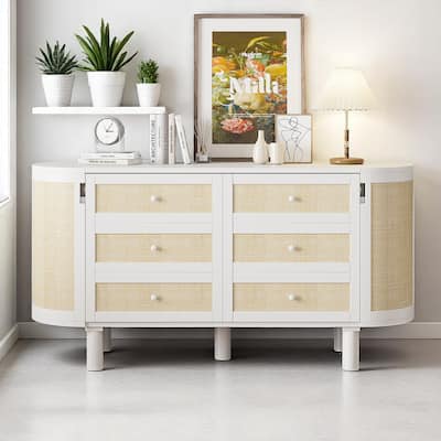Full/Queen Murphy Bed with Hidden Storage, Rattan Front Drawers and Side Cabinets, Space-Saving Wall Bed